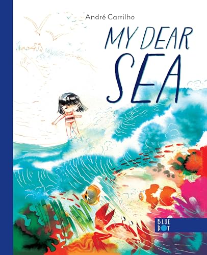 Book cover: girl by the sea with fish and birds, watercolor style.