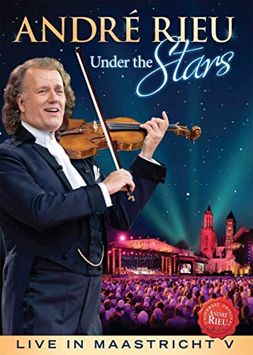 André Rieu playing violin on DVD cover, Maastricht cityscape background.