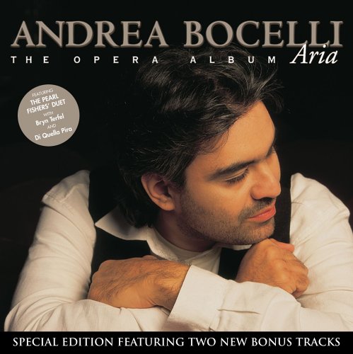 Andrea Bocelli’s “Aria” album cover featuring a portrait of the singer.