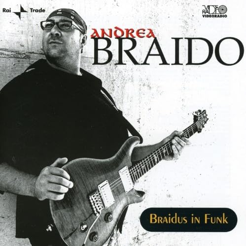 Andrea Braido holding an electric guitar on album cover, black and white.