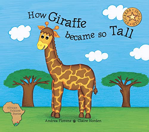 A giraffe stands on green grass with trees and blue sky behind it.