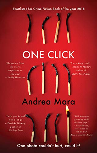 Book cover with the title One Click featuring rows of matches on red background.