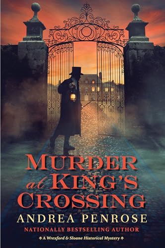 Book cover: man with lantern at ornate gate, misty landscape.