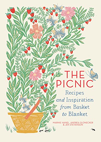 Book cover with illustrated strawberries, flowers, butterflies, and a picnic basket.