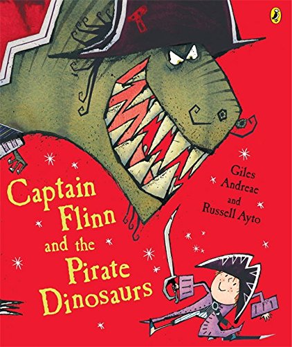Red children's book cover featuring a pirate and a dinosaur with sharp teeth.