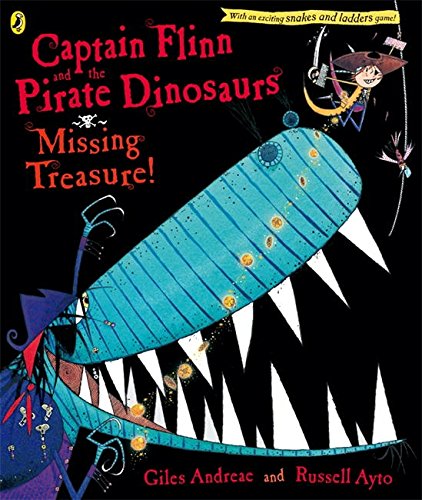 Book cover: dinosaur with open mouth, pirate boy, colorful text.