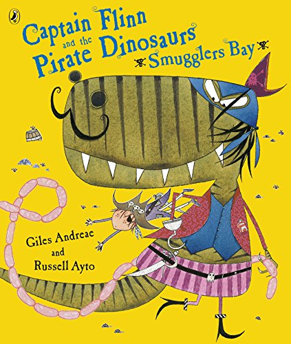 Book cover: dinosaur pirate with a child, illustrated in watercolor style.