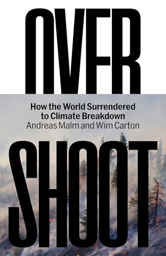 Book cover with large black text "OVERSHOOT" over a smoky forest image.