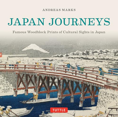 Book cover titled Japan Journeys featuring a traditional Japanese woodblock print of a bridge.