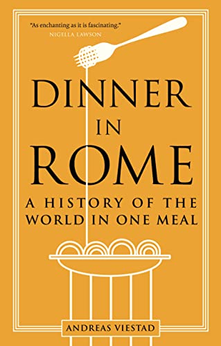 Book cover: "Dinner in Rome" with cutlery and pasta illustrations.