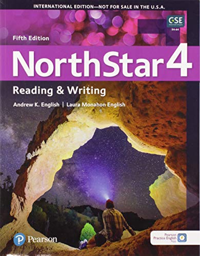 Textbook cover for NorthStar Reading and Writing 4 showing a person under a rock arch.