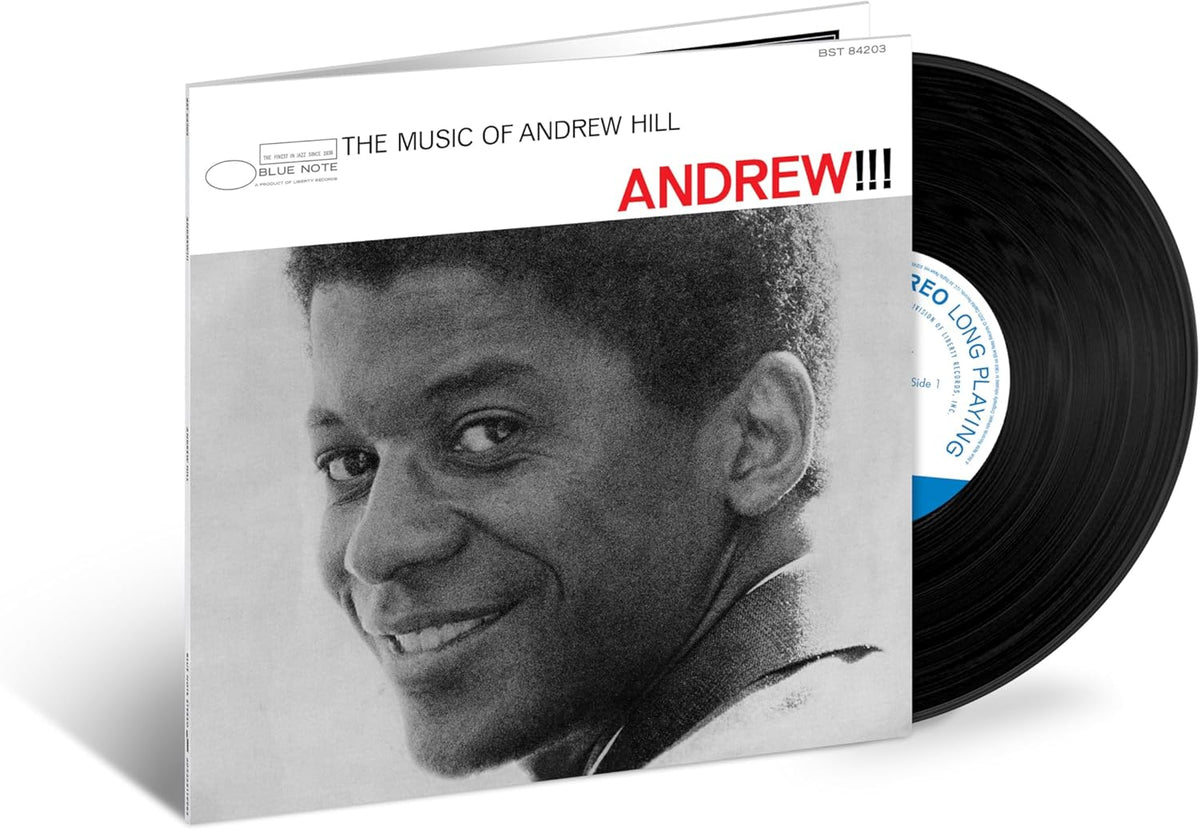 Vinyl record of Andrew Hill’s “Andrew!!!” featuring a portrait of the artist.