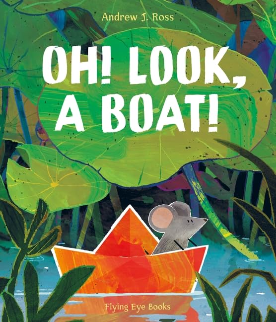 A small grey mouse sits in an orange paper boat surrounded by large lily pads.