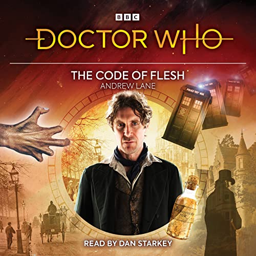 Doctor Who audiobook cover featuring the Doctor, a TARDIS, and a shadowy hand.