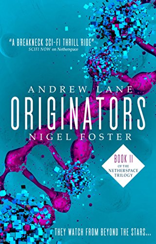 Book cover for “Originators” with abstract pink and blue digital art.