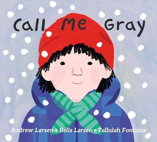 Illustration of a child wearing a red hat and green scarf, snowflakes falling.