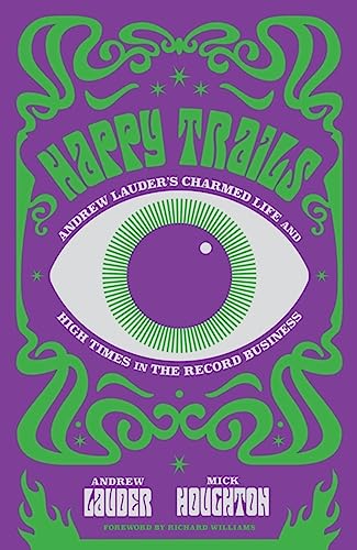 Book cover: "Happy Trails" with a large green eye and purple background.
