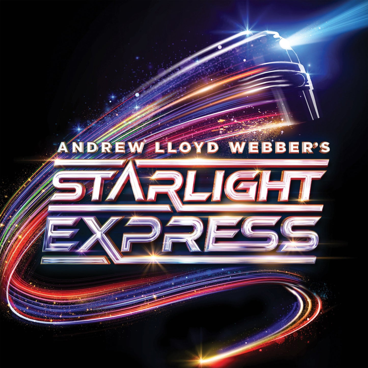 Starlight Express logo with a glowing train silhouette and colorful light trails on black.
