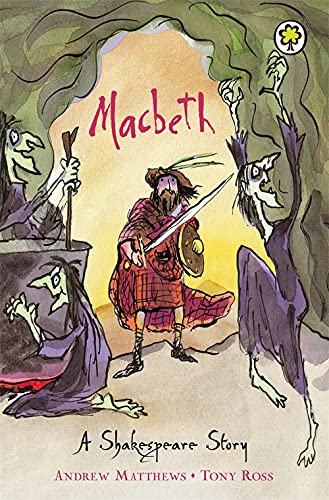 Book cover illustration of Macbeth holding a sword surrounded by three witches.