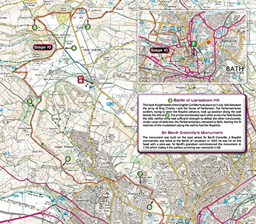 A topographic map section showing hiking trails, numbered waypoints, and historical information text boxes.