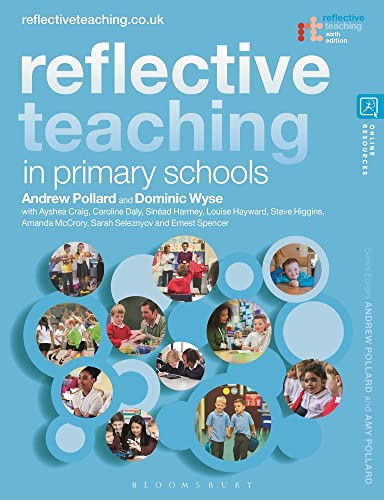 Book cover for Reflective Teaching in Primary Schools with blue background and circular photos.
