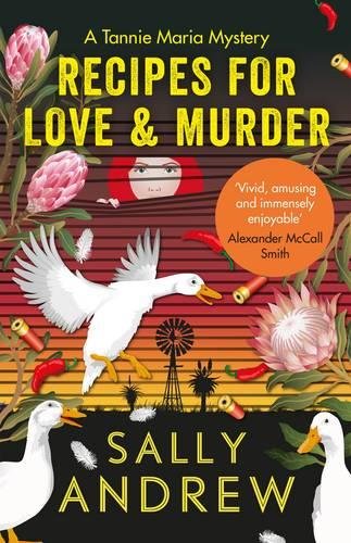 Book cover featuring ducks, protea flowers, shotgun shells, and a woman peering through blinds.