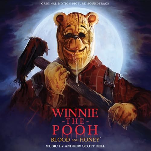 Creepy Winnie the Pooh character holding a bloodied weapon under a full moon.