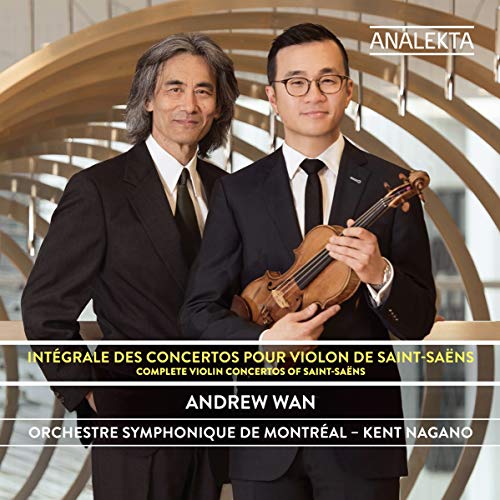 Two men with a violin, album cover for Saint-Saëns violin concertos.