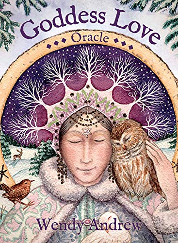 Illustration of a woman with an owl in a snowy landscape, titled Goddess Love Oracle.