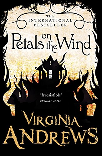 Book cover: “Petals on the Wind” with a house silhouette and flames.
