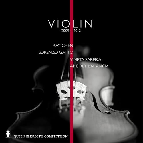 Black and white violin image with red stripe, listing musicians’ names.