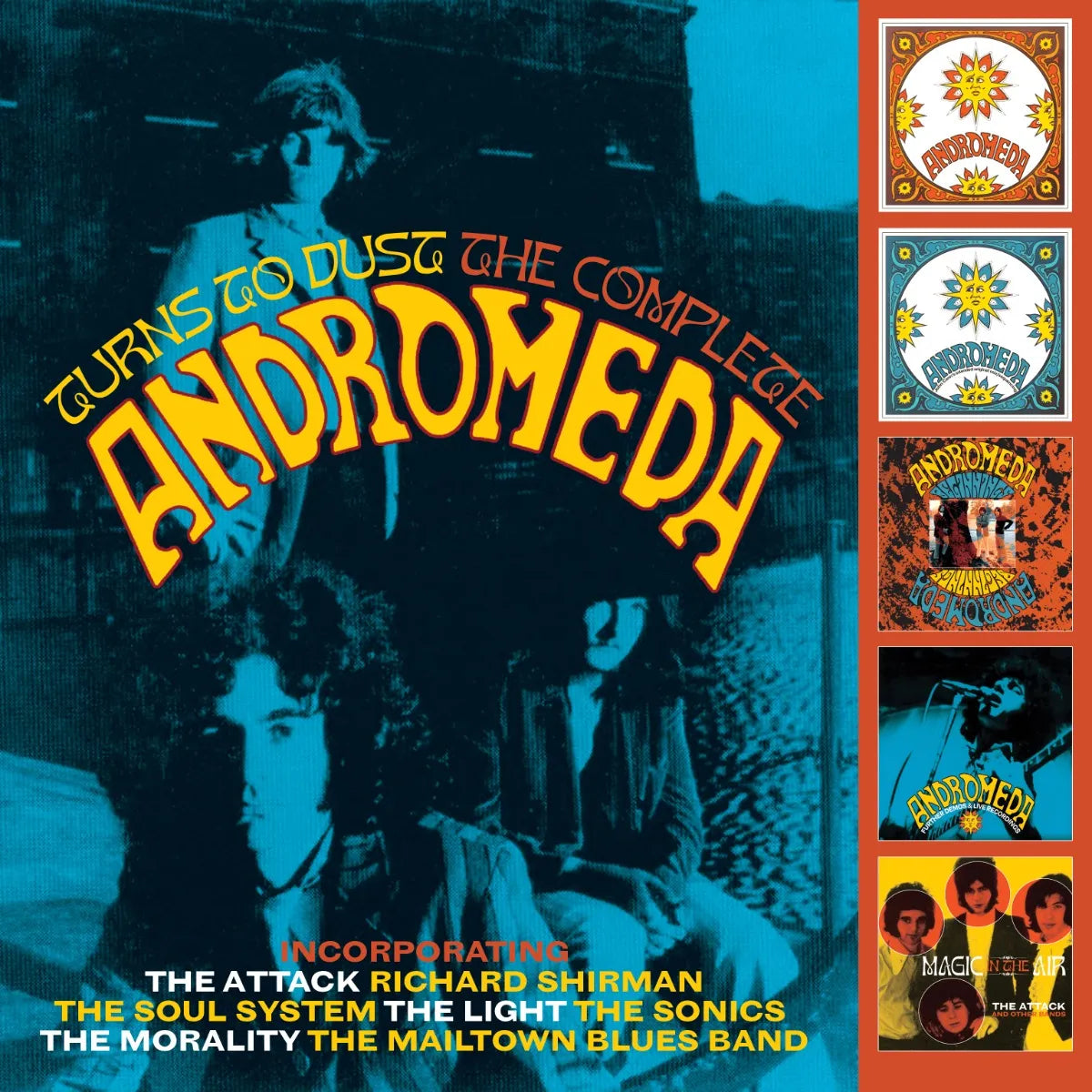 CD cover for "Andromeda - Turns to Dust" with band silhouettes.