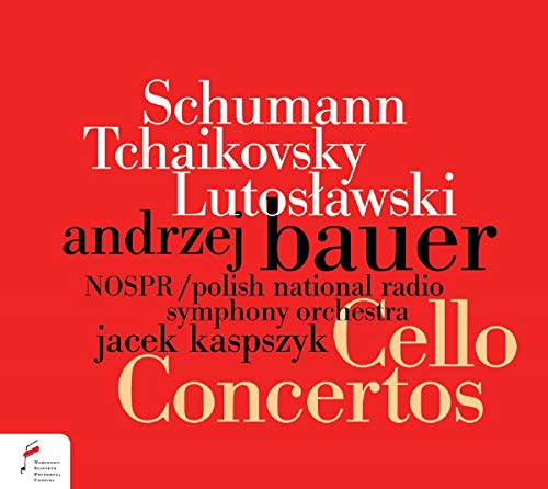Red CD cover with white, black, and yellow text listing composers and cello concertos.