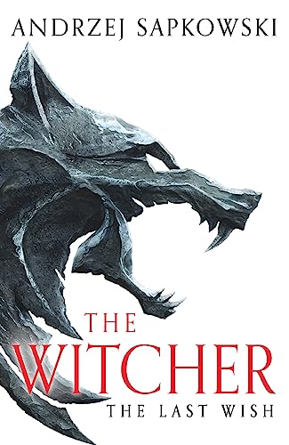 Book cover featuring a stone wolf head emblem above the title The Witcher.