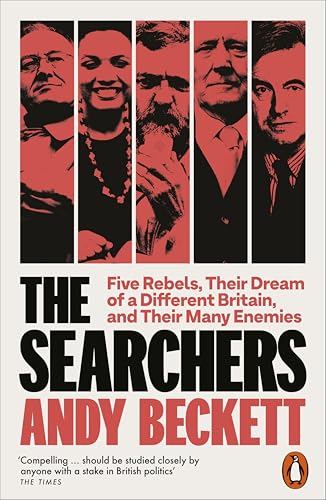 Book cover: red portraits of five people, title "The Searchers" by Andy Beckett.