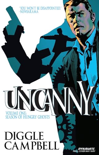 Comic book cover: man with gun, blue and white graphic design.
