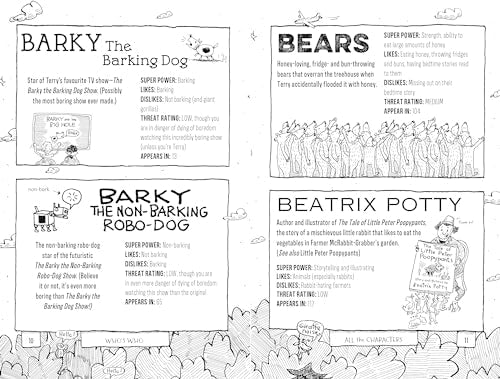 Black and white illustrated pages from "The Guide to the Treehouse" character profiles.