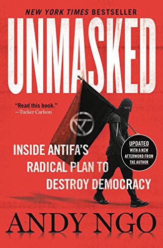 Book cover with a masked figure carrying a flag against a red background.