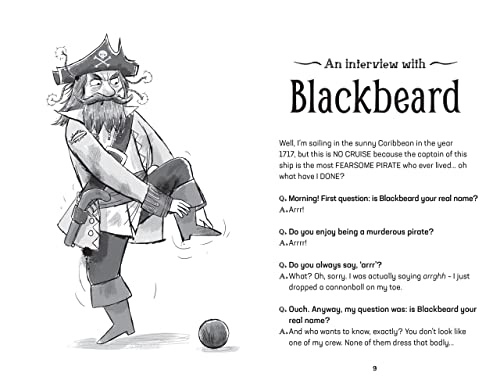 Black and white illustration of a cartoonish Blackbeard with interview questions.