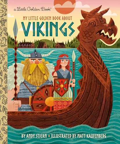 Children’s book cover depicting Vikings, a dragon ship, and illustrated characters.