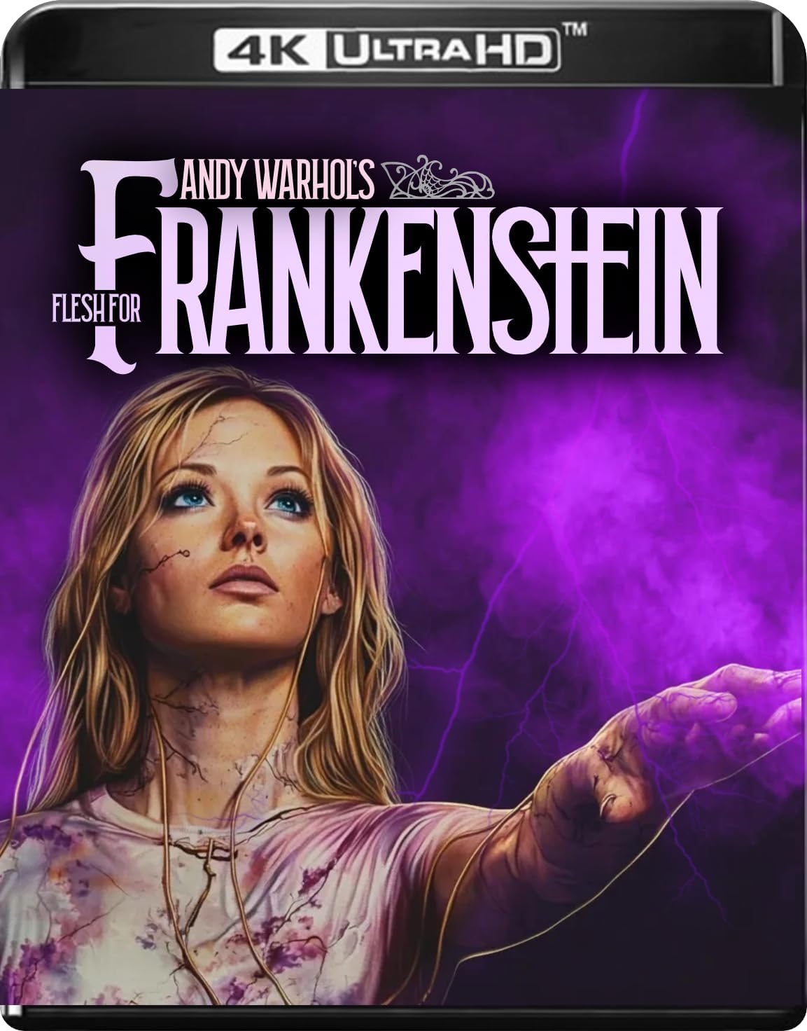 Blu-ray cover for "Flesh For Frankenstein" featuring a woman’s portrait.