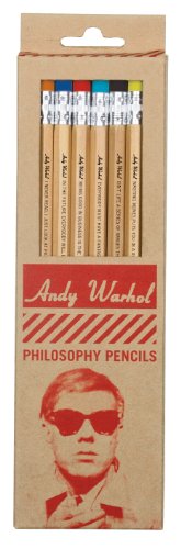 Six wooden pencils with colored erasers inside a cardboard box featuring Andy Warhol's portrait.