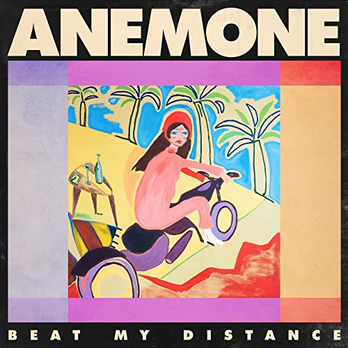 Anemone "Beat My Distance" vinyl record cover with painted palm trees and a cyclist.