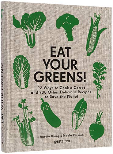 Cookbook cover with green illustrations of vegetables and bold text: "Eat Your Greens!".
