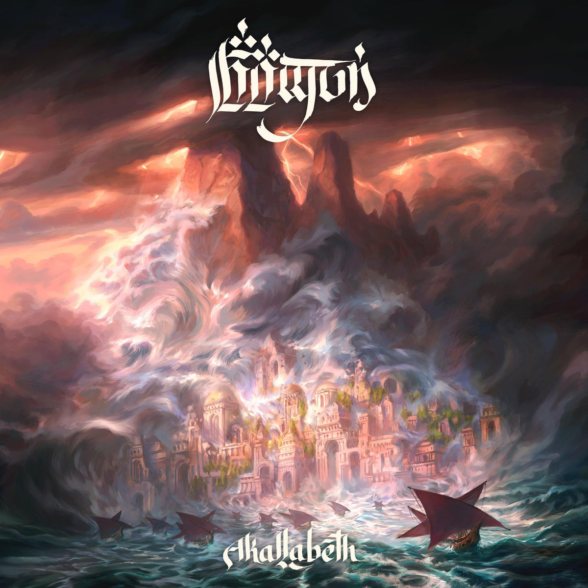 Album cover: a painted seascape with mountains, waves, and a city.