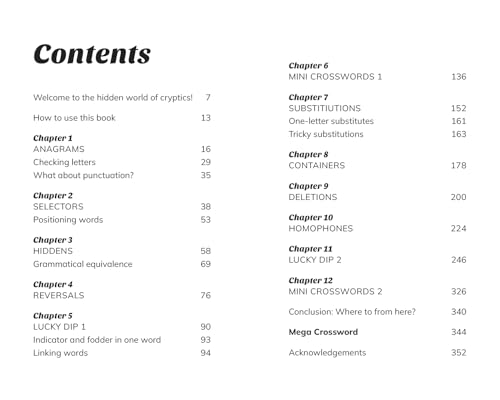 Table of contents listing cryptic puzzle types and page numbers.