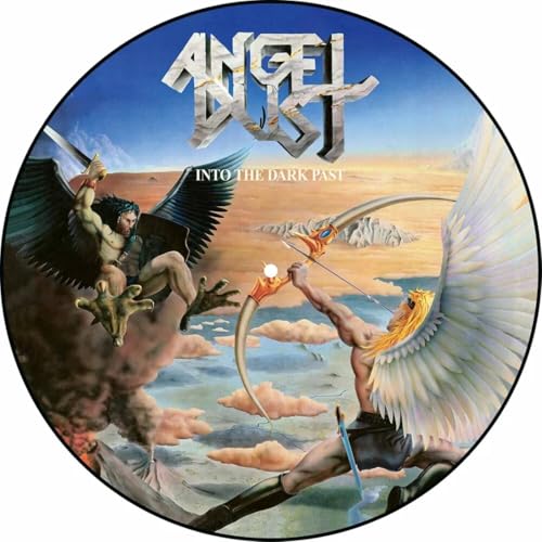 Angel Dust Into The Dark Past picture disc vinyl featuring two winged warriors fighting.