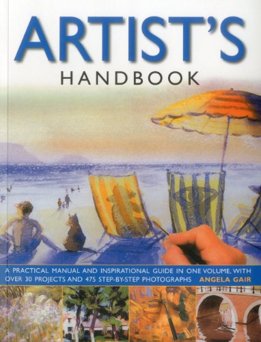 Book cover: "Artist's Handbook" with beach scene painting and small image samples.