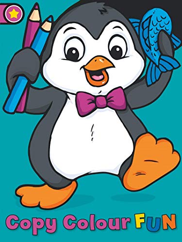 Cartoon penguin holding fish and pencils, wearing a bow tie.