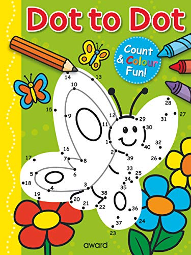 Dot to dot activity book cover featuring a butterfly, flowers, and a pencil.